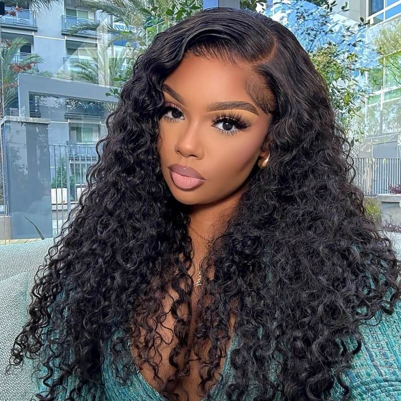 Luve Natural Black Curly Free Parting Full Lace Wigs Pre-Plucked Hairline