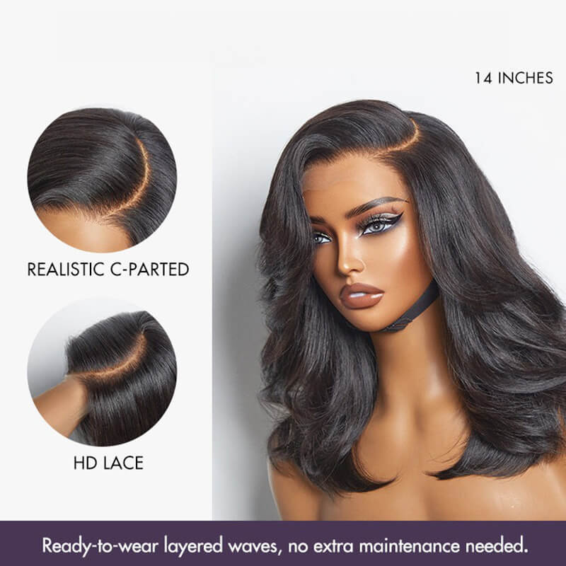 Luve Layered Haircut Wavy Black Glueless 5X5 HD Lace Closure Short Wig