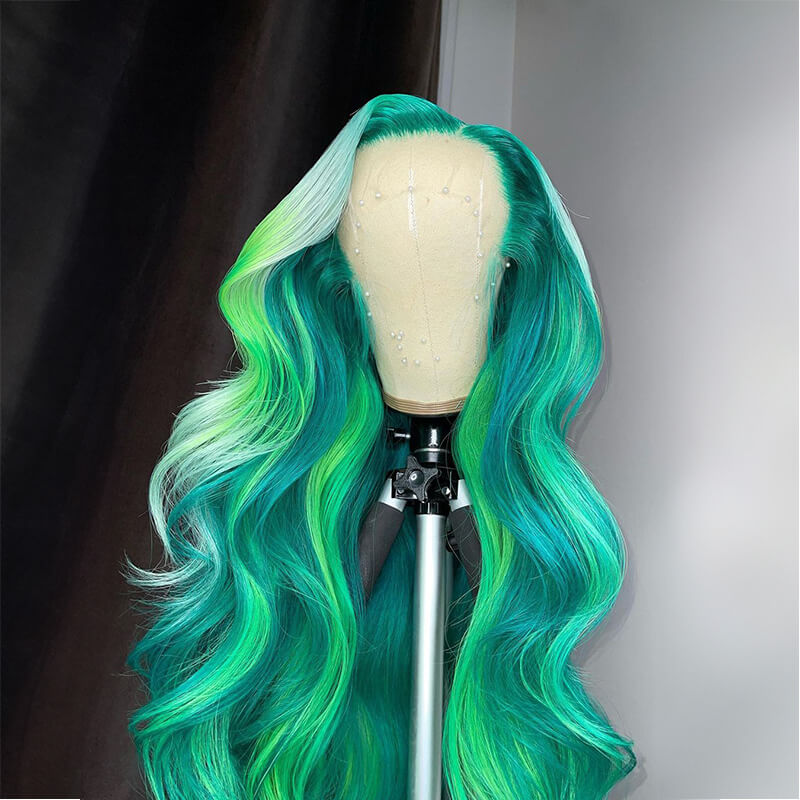 Limited Design 613 Ombre Green Colorful Wave Lace Front Glueless Wig 180% Density 