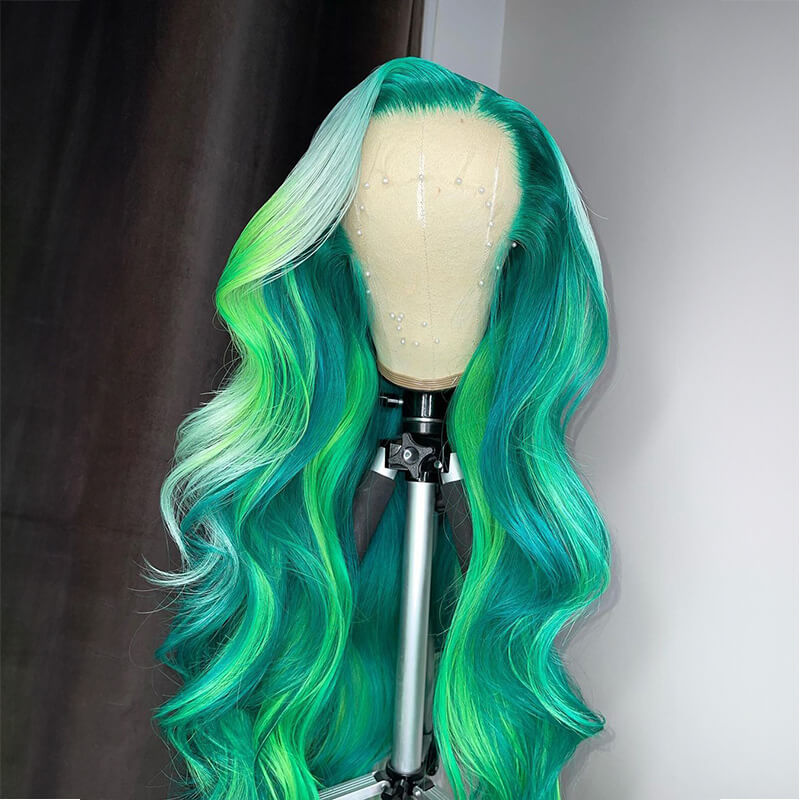 Limited Design 613 Ombre Green Colorful Wave Lace Front Glueless Wig 180% Density 