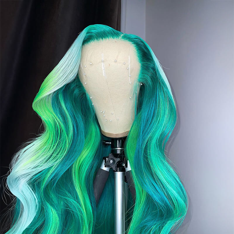 Limited Design 613 Ombre Green Colorful Wave Lace Front Glueless Wig 180% Density 