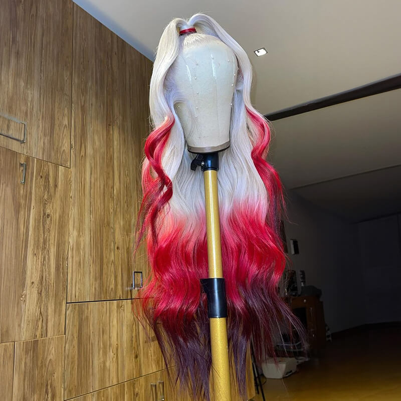Limited Design Ombre Rose Red Colorful Wave 13X4 Lace Front Glueless Wig
