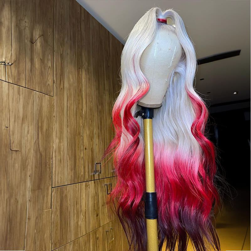 Limited Design Ombre Rose Red Colorful Wave 13X4 Lace Front Glueless Wig