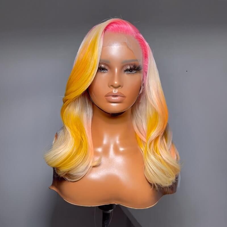 Limited Design Pink Ombre Ginger Blonde Bob Wave Glueless Lace Front Wig