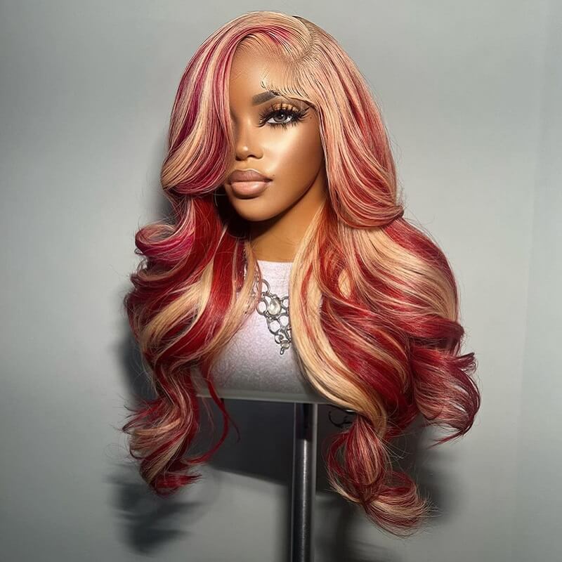 Luve Limited Design Blonde Ombre Red Wave 13X4 Lace Front Glueless Wig 180% Density