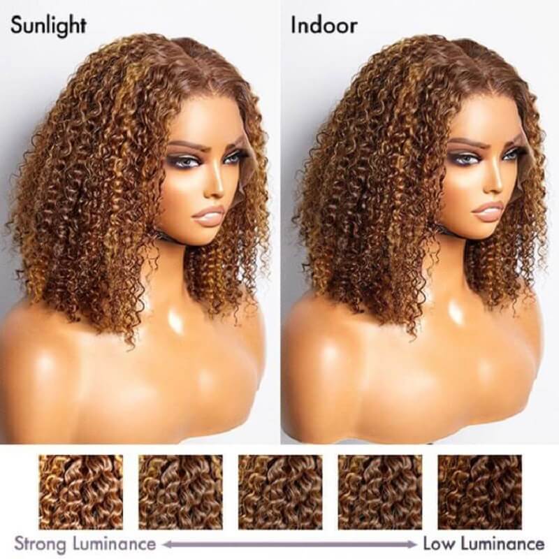 Luve Mix Color Brown Short Curly Bob Wig Glueless 13x4 Lace Front Human Hair Wig