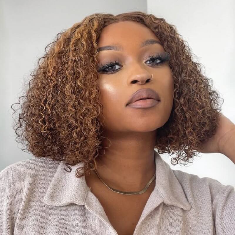 Luve Mix Color Brown Short Curly Bob Wig Glueless 13x4 Lace Front Human Hair Wig