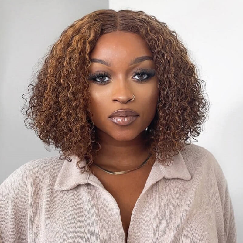 Luve Mix Color Brown Short Curly Bob Wig Glueless 13x4 Lace Front Human Hair Wig