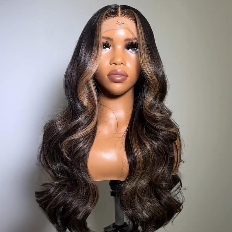 Luve Natural Black Mix Gighlight Body Wave Guleless 5X5 Lace Closure Wig