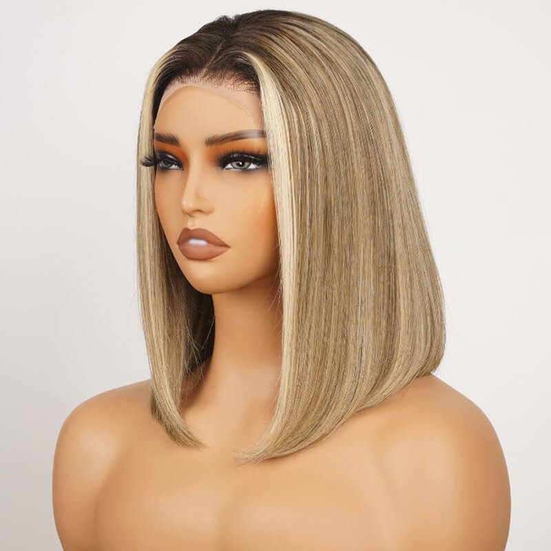 Luve Ombre Ash Blonde Glueless Straight Short Bob Wigs 5X5 Closure Transparent Lace Frontal Wig
