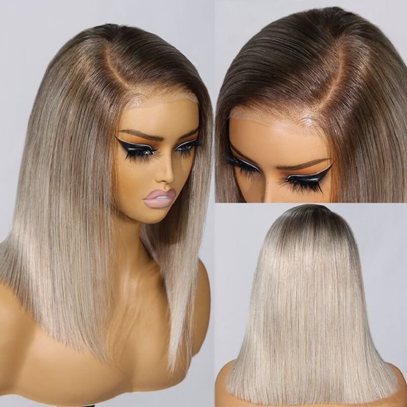 Luve Ombre Ash Blonde Straight Bob Wig 5X5 Lace Closure Wig With Dark Roots Human Hair