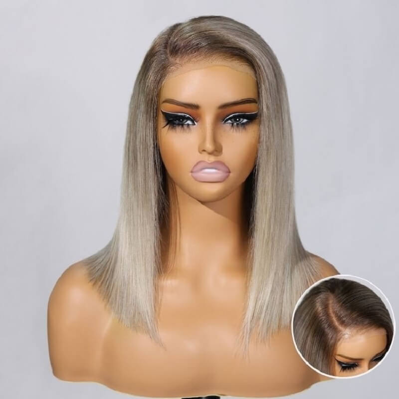 Luve Ombre Ash Blonde Straight Bob Wig 5X5 Lace Closure Wig With Dark Roots Human Hair