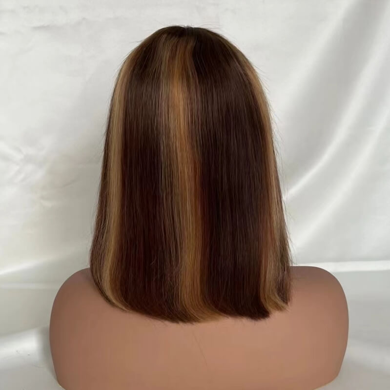 Luve Ombre Blonde Brown Silky Straight Glueless Closure Lace Bob Wig With Bangs Ready To Go