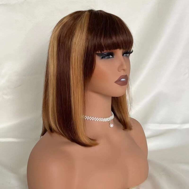 Luve Ombre Blonde Brown Silky Straight Glueless Closure Lace Bob Wig With Bangs Ready To Go