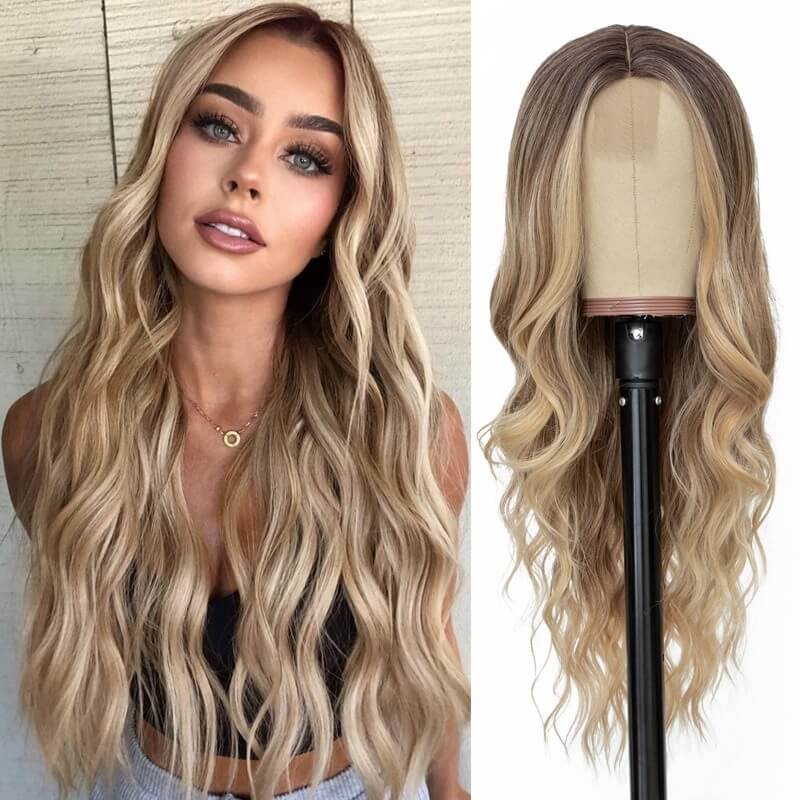 Luve Long Ombre Blonde Wavy Wig Middle Part Curly Wavy Wig Natural Looking