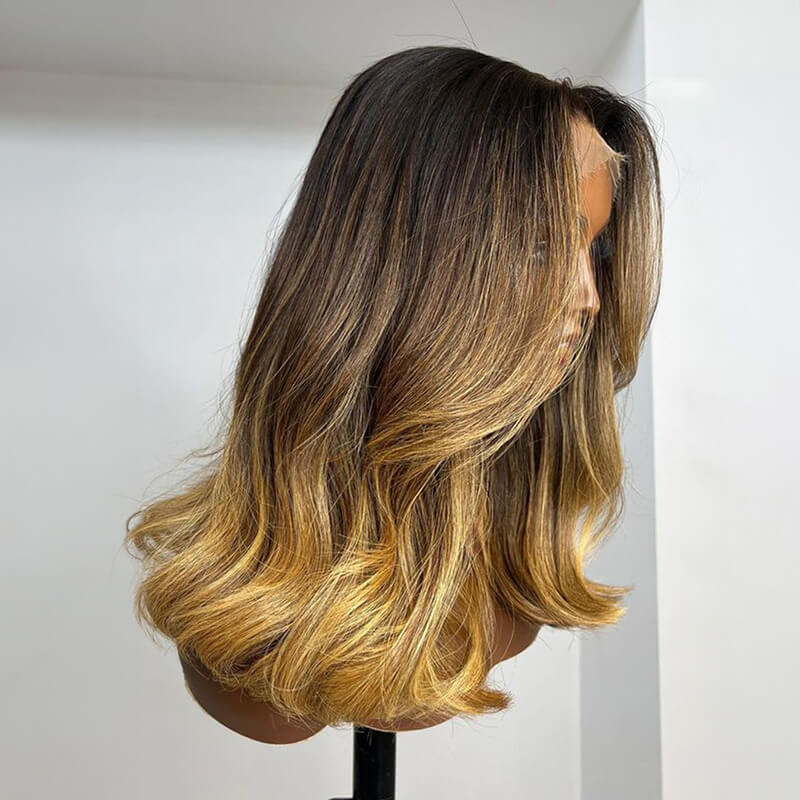 Luve Ombre Brown Blonde Bob Wave 5X5 Lace Guleless Wig Human Hair