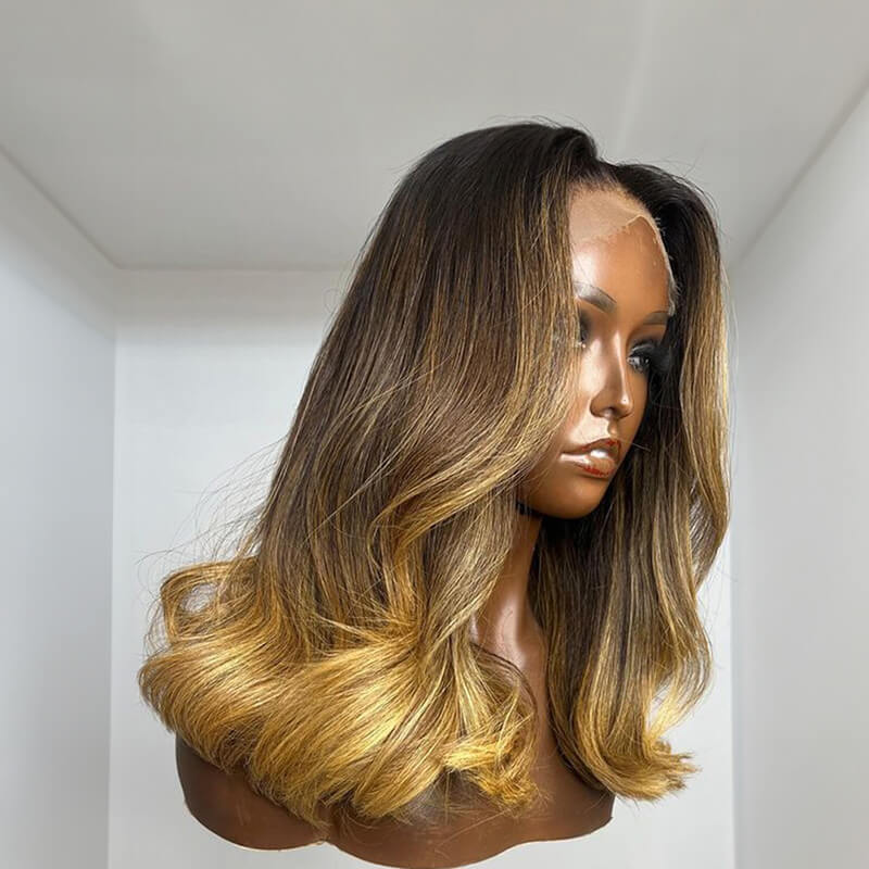 Luve Ombre Brown Blonde Bob Wave 5X5 Lace Guleless Wig Human Hair
