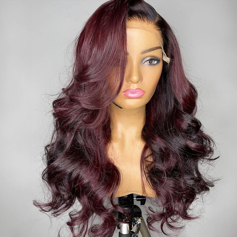 Luve Ombre Burgundy Body Wave 13X6 Lace Front Wigs  100% Human Hair