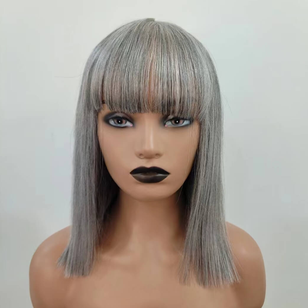 Luve Salt & Pepper Wigs Silver Grey Bob Wig With Bangs None Lace Wigs