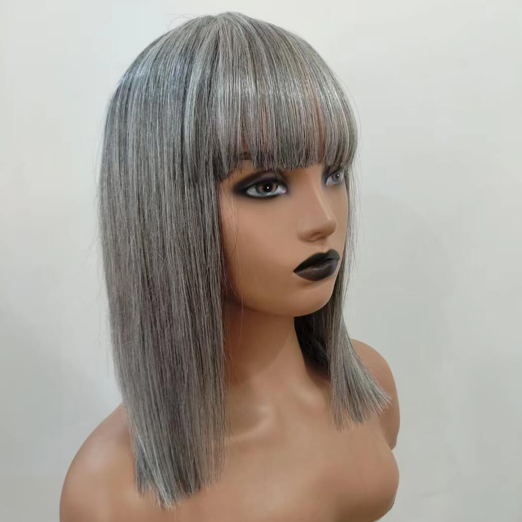 Luve Salt & Pepper Wigs Silver Grey Bob Wig With Bangs None Lace Wigs