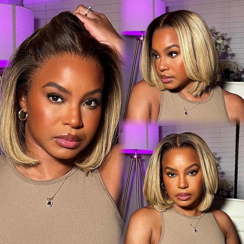 Luve Short Blonde Bob Wigs With Dark Roots 13X4 HD Lace Wigs 100% Human Hair