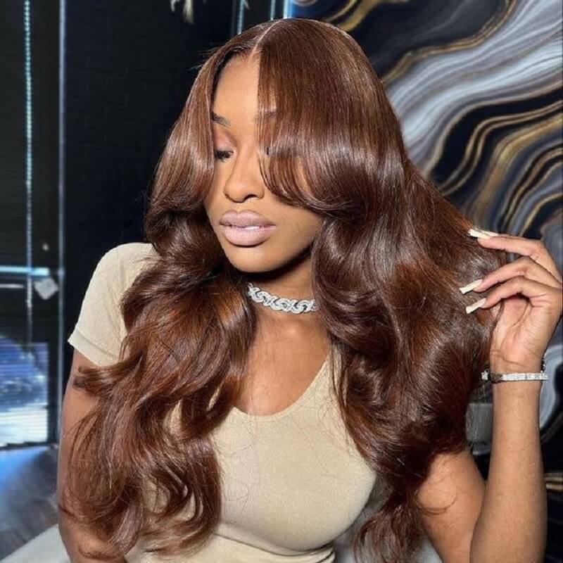Luve Stylish Layered Bangs Chestnut Brown Loose Wave 5×5 Closure Lace Wig With Bangs