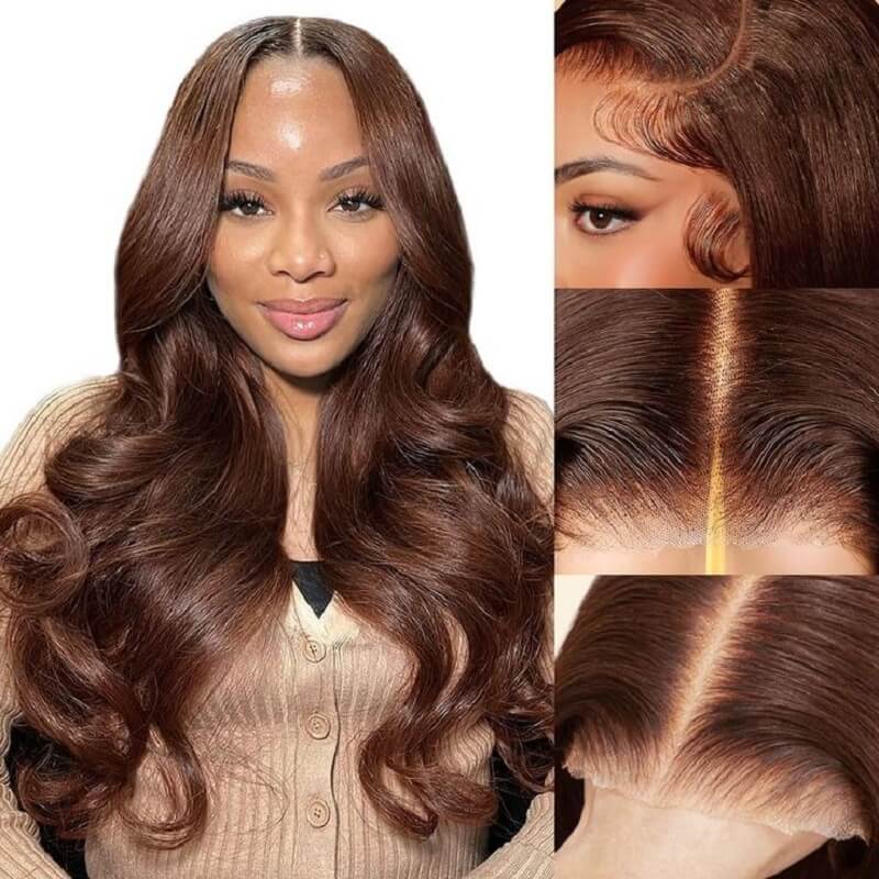 Luve Stylish Layered Bangs Chestnut Brown Loose Wave 5×5 Closure Lace Wig With Bangs