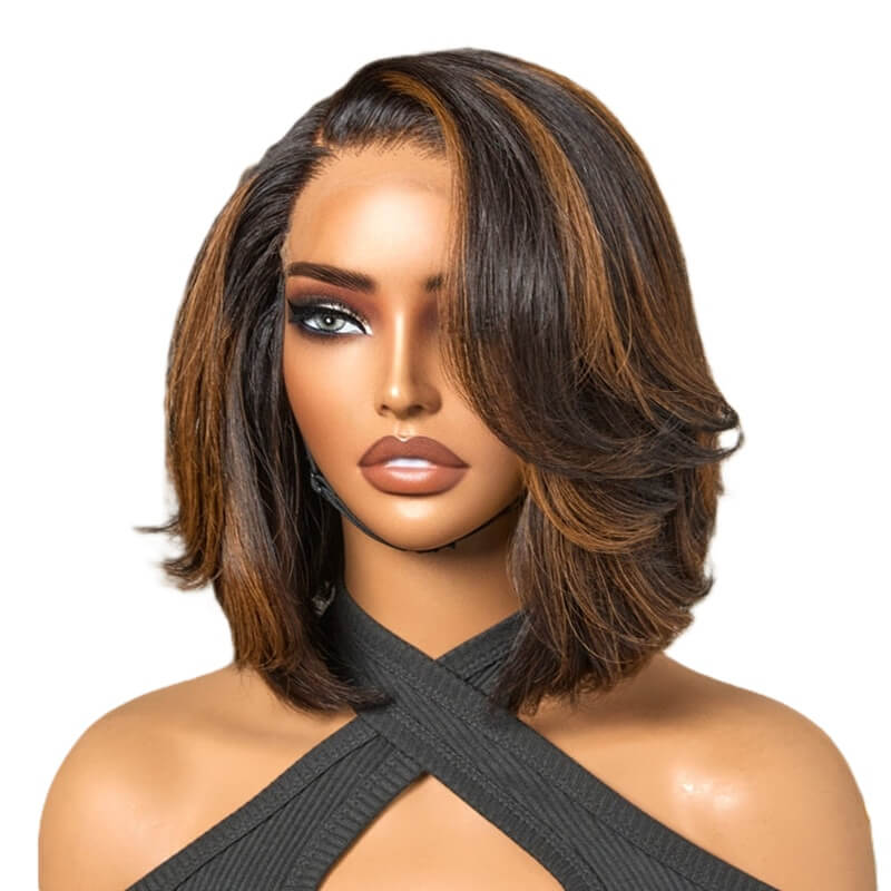 Luve Toffee Brown Mix Blonde / Natural Black Layered Cut Glueless 5x5 HD Lace Bob Wig