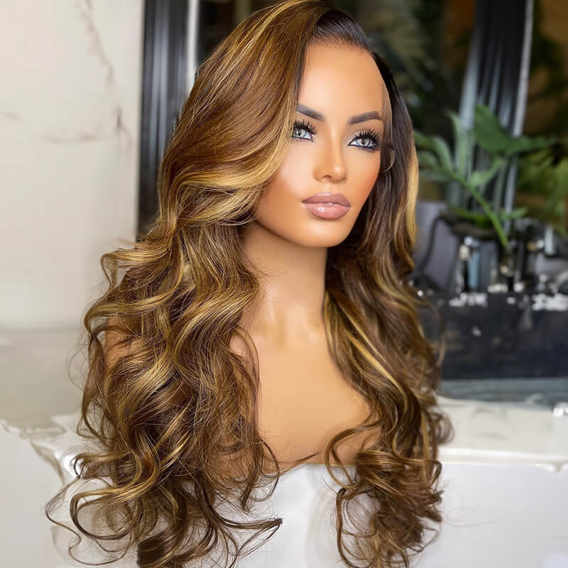Luve Trendy Brown Highlight Wave Glueless 13x4 HD Lace Human Hair Wig