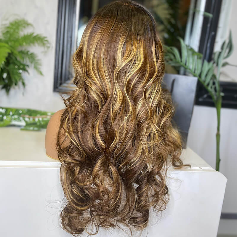 Luve Trendy Brown Highlight Wave Glueless 13x4 HD Lace Human Hair Wig