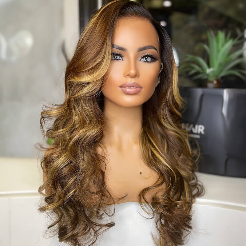 Luve Trendy Brown Highlight Wave Glueless 13x4 HD Lace Human Hair Wig