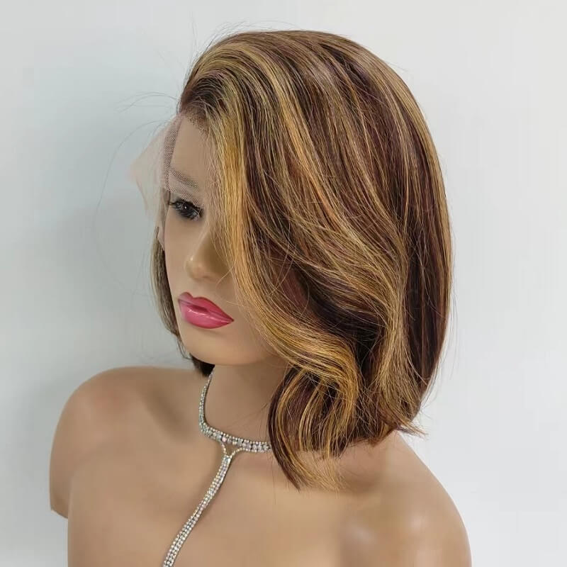 Luve Trendy Brown Mix Blonde Glueless 13X4 Lace Front Bob Wig Human Hair Wig