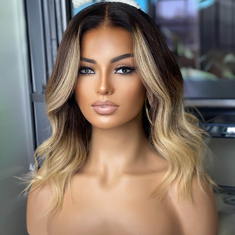 Luve Trendy Brown Bob Wig With Dark Roots Glueless HD Lace Front Wigs 100%Human Hair