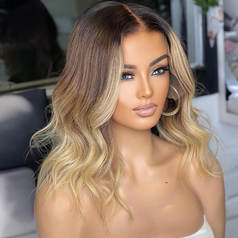Luve Trendy Brown Bob Wig With Dark Roots Glueless HD Lace Front Wigs 100%Human Hair