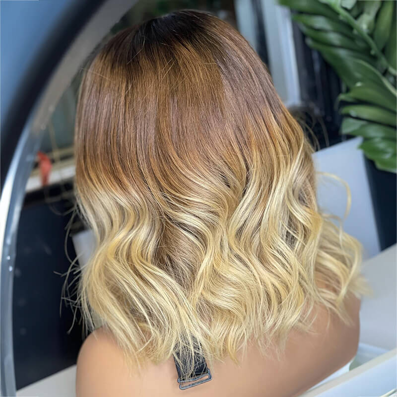 Luve Trendy Brown Bob Wig With Dark Roots Glueless HD Lace Front Wigs 100%Human Hair