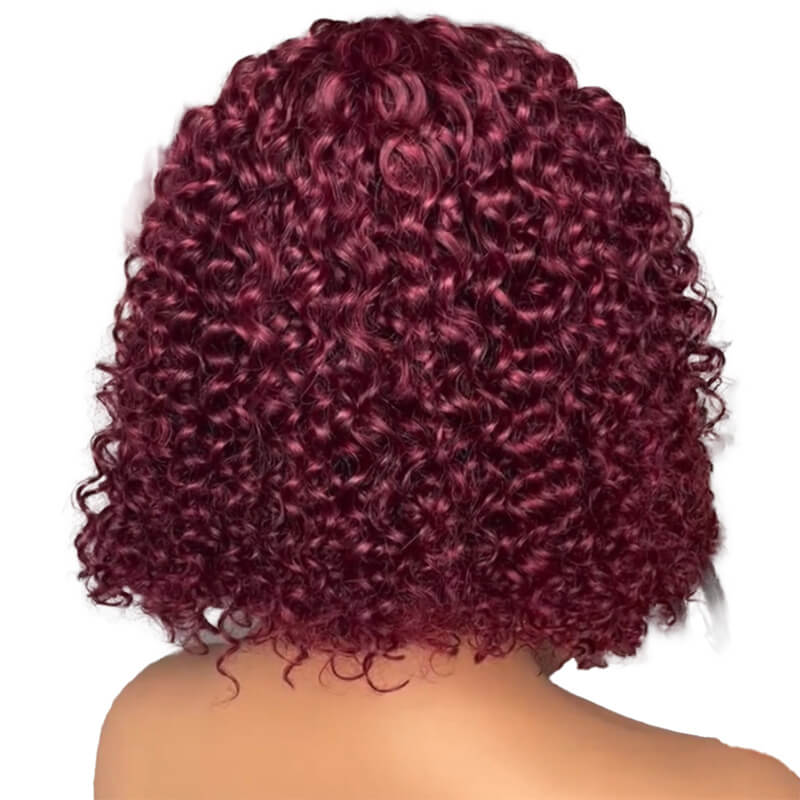 Luve Burgundy|Black Glueless Curly Bob With Bangs 5X5 Lace Closure Wig