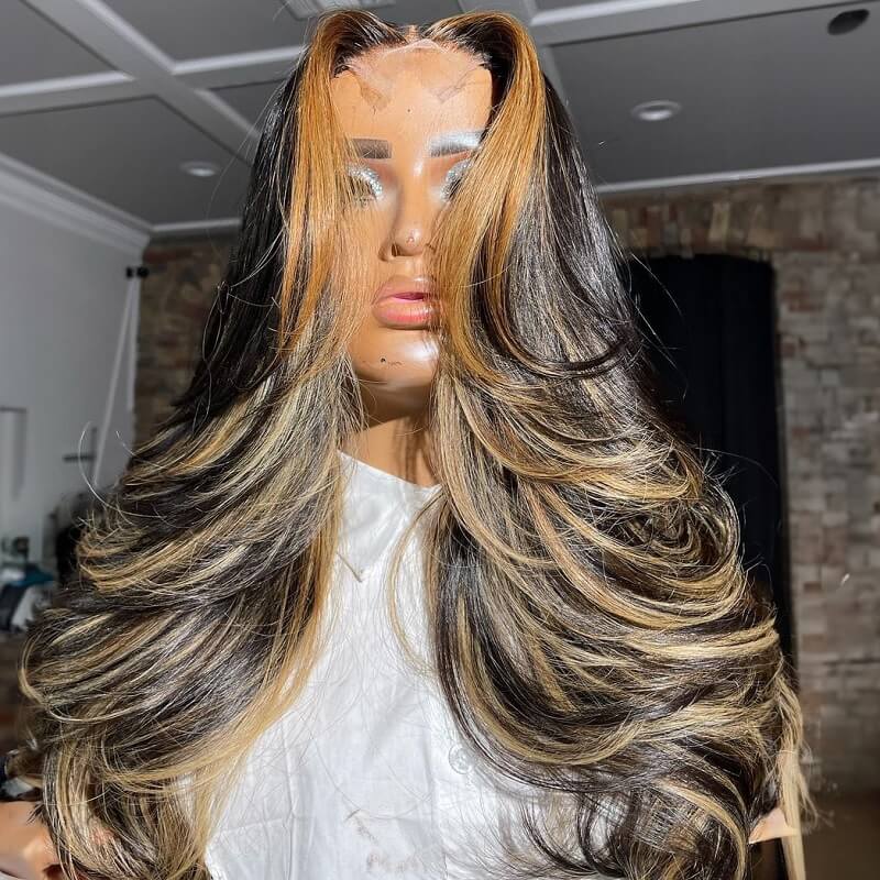 Luve Trendy Dark Hair Body Wavy with Blonde Highlights 4X4 Lace  Closure Wigs