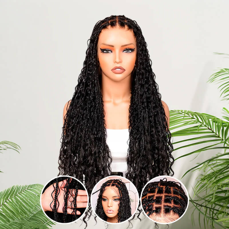 Knotless Long Boho Box Braided Wig Real Skinlike HD Full Lace Wig with Invisi Drawstring