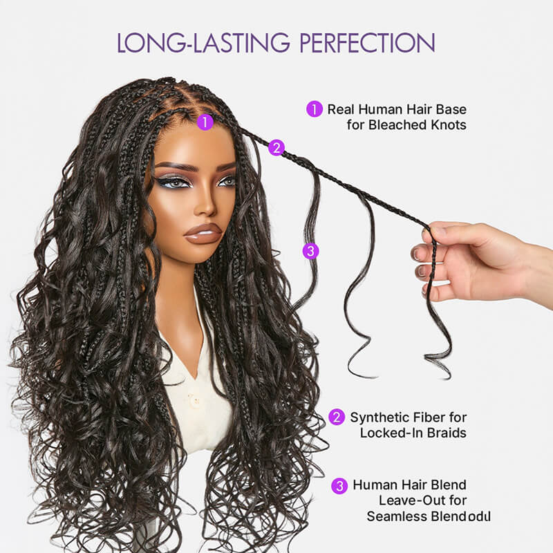 Knotless Long Boho Box Braided Wig Real Skinlike HD Full Lace Wig with Invisi Drawstring