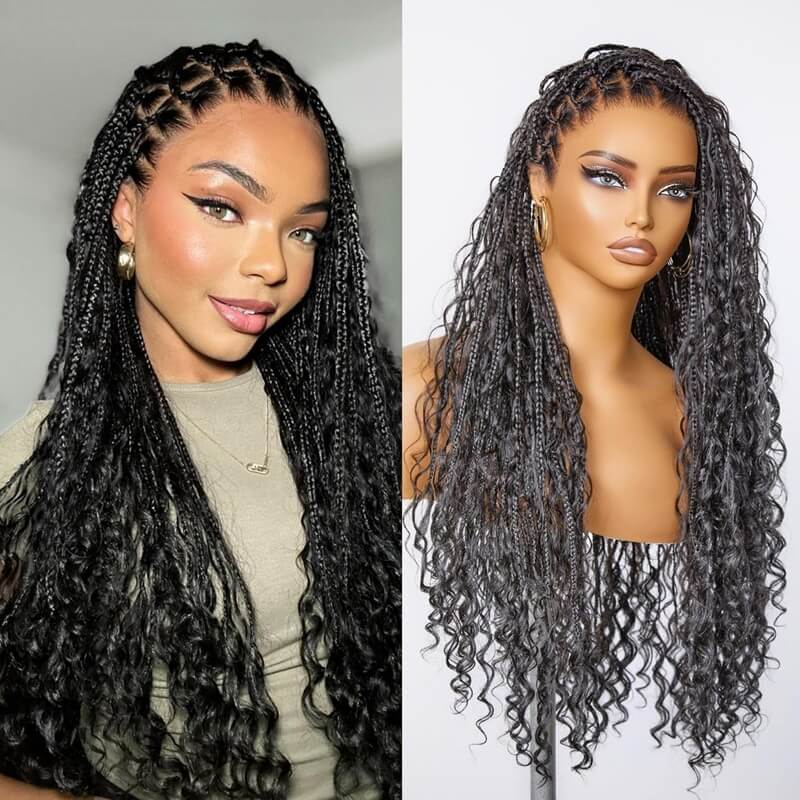 Knotless Long Boho Box Braided Wig Real Skinlike HD Full Lace Wig with Invisi Drawstring