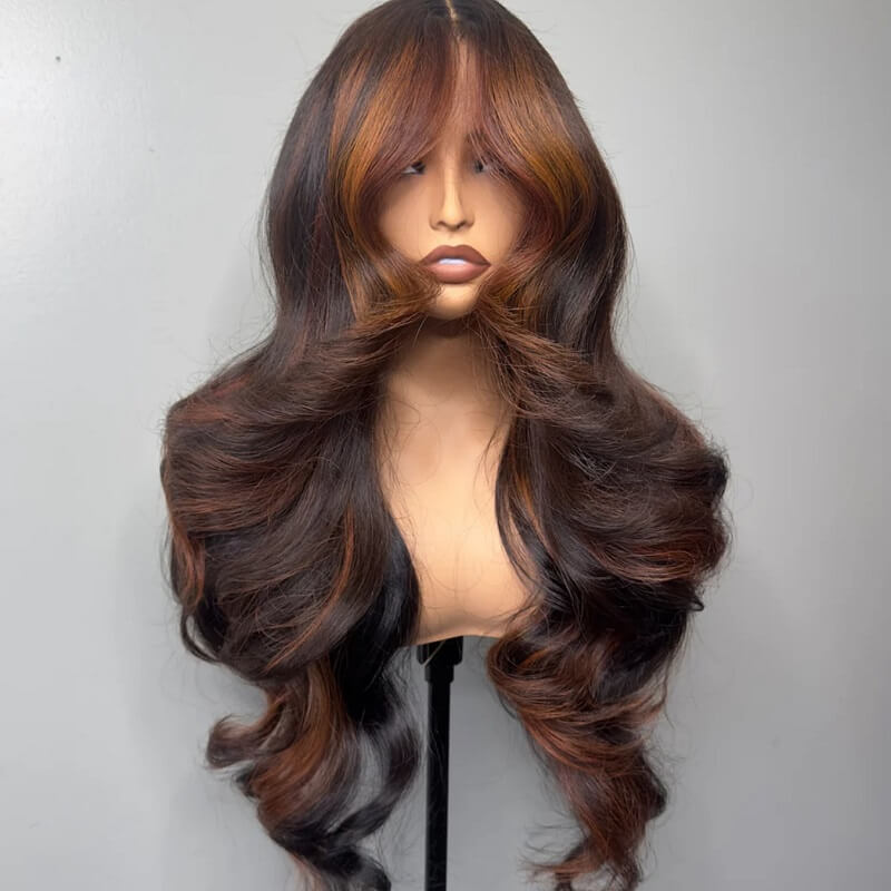 Natural Black Auburn Copper Wavy Wig Glueless 6X6 Lace Closure Human Hair Wig