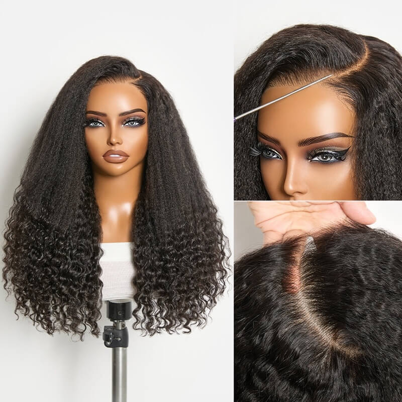 Natural Black Kinky Straight Curly Ends PartingMax 6x6 HD Lace Closure Glueless Wig