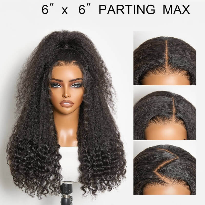 Natural Black Kinky Straight Curly Ends PartingMax 6x6 HD Lace Closure Glueless Wig