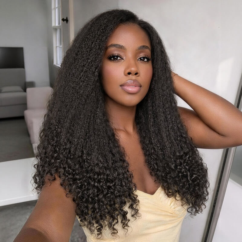 Natural Black Kinky Straight Curly Ends PartingMax 6x6 HD Lace Closure Glueless Wig