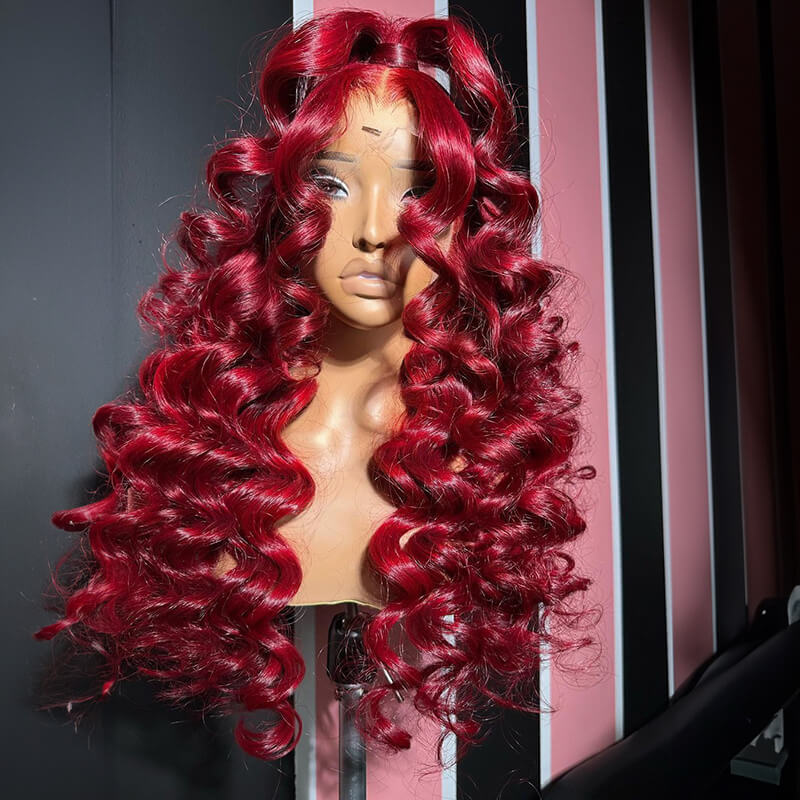 Luve Shiny Red Lace Front Wig Royal Loose Deep Wavy Human Hair Wig