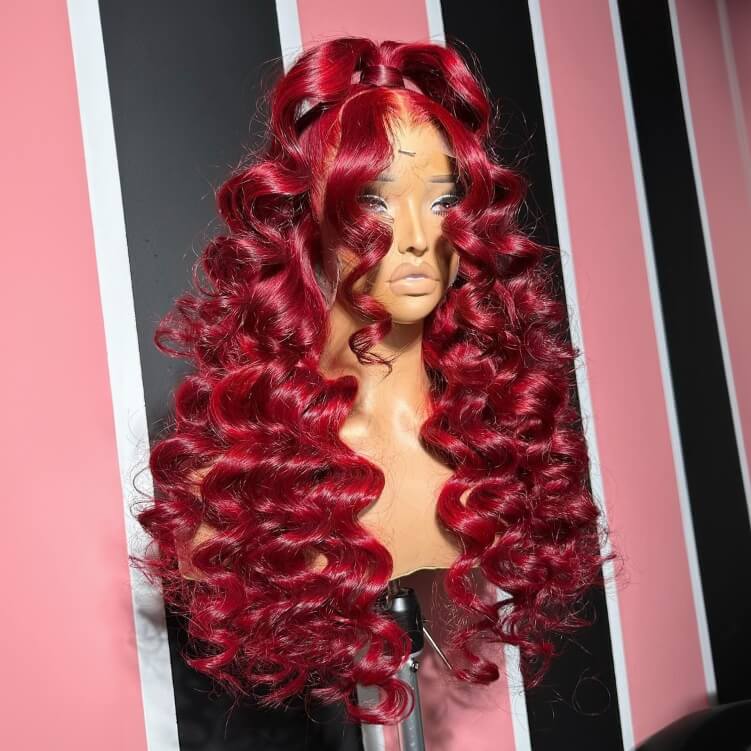Luve Shiny Red Lace Front Wig Royal Loose Deep Wavy Human Hair Wig