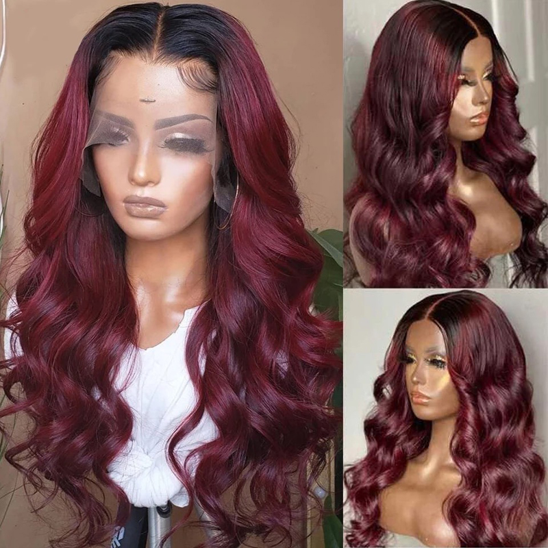 Ombre #99J Burgundy  Body Wave 13x4 Lace Front Human Hair Wig