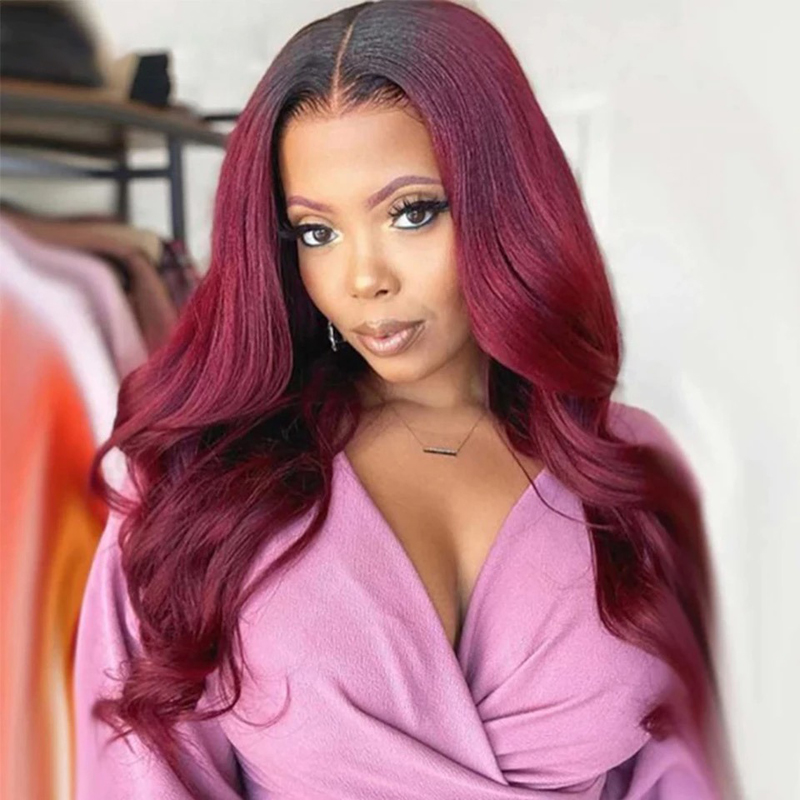 Ombre #99J Burgundy  Body Wave 13x4 Lace Front Human Hair Wig