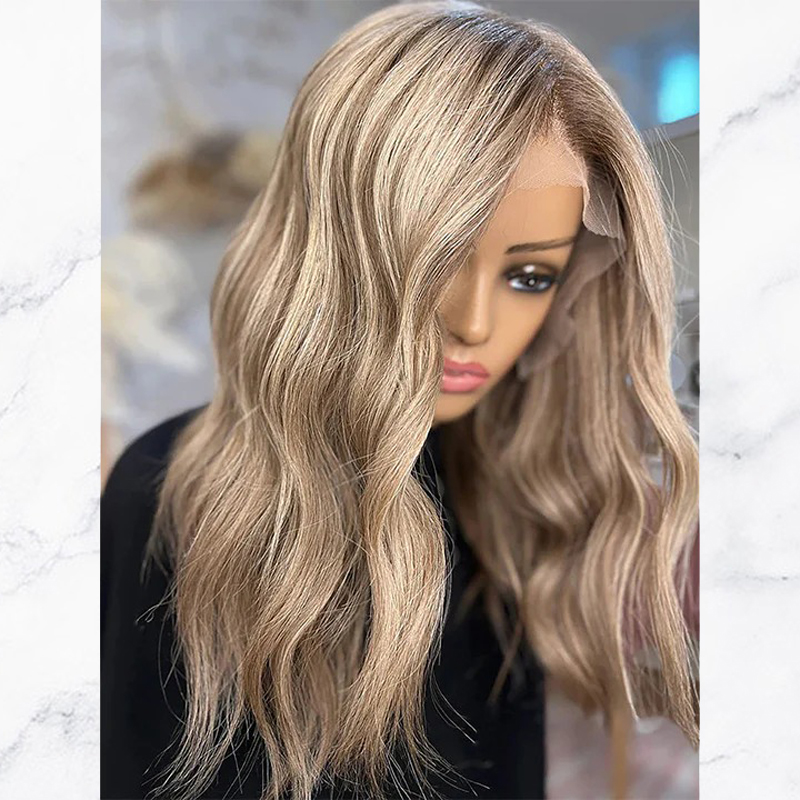 Ombre Ash Blonde Highlights Wavy Lace Front Wig With Dark Roots Glueless Wigs