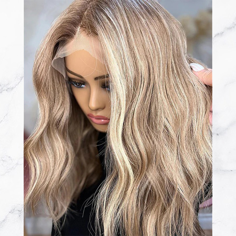 Ombre Ash Blonde Highlights Wavy Lace Front Wig With Dark Roots Glueless Wigs